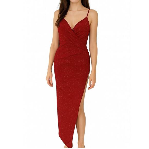 Vintage 80's maxi dress form fitting body con Red/silver sparkle high slit SZ SM - Picture 1 of 9